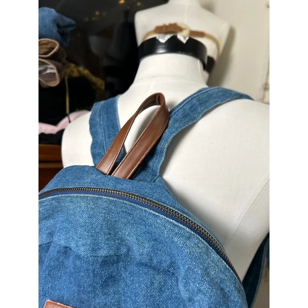Vintage Denim‎ Backpack Blue Western Aztec Boho Wood Toggle Faux Leather Trim